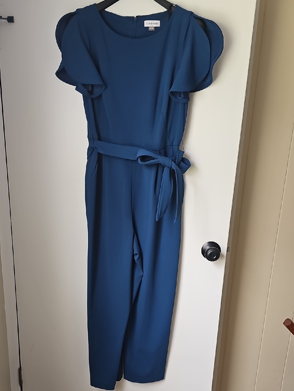 Calvin Klein Royal Blue Flutter Sleeve Belted Jumpsuit